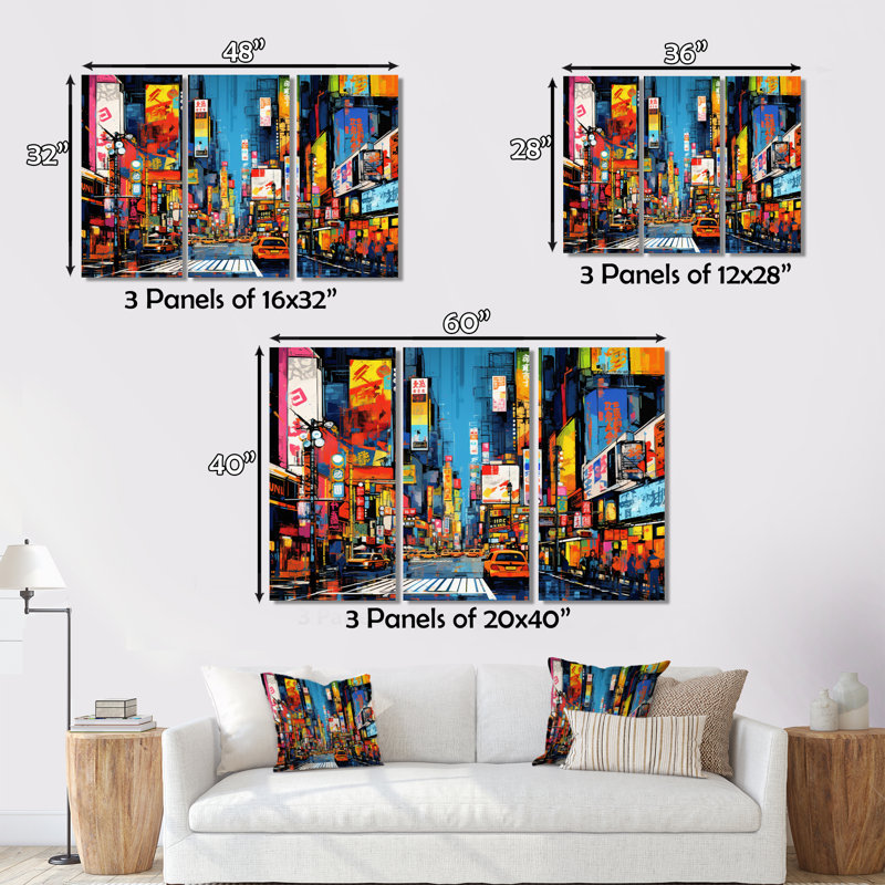 «Colorful City», impression sur toile 3 pièces Popart II, H 32 po x l 48 po x P 1 po