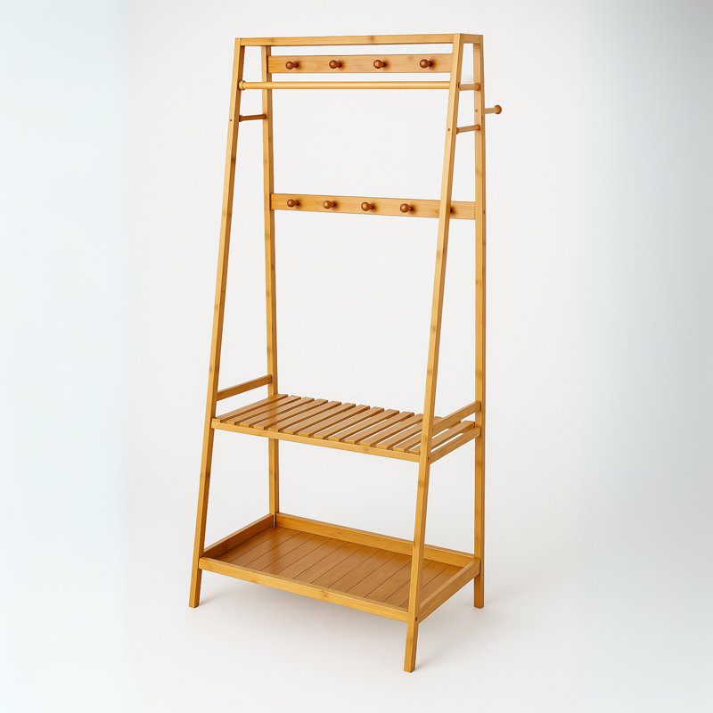 Mattera Natural Bamboo Wooden Clothes Rack, Garment Rail Garment Rack Open Wardrobe, Storage Shelves Bedroom