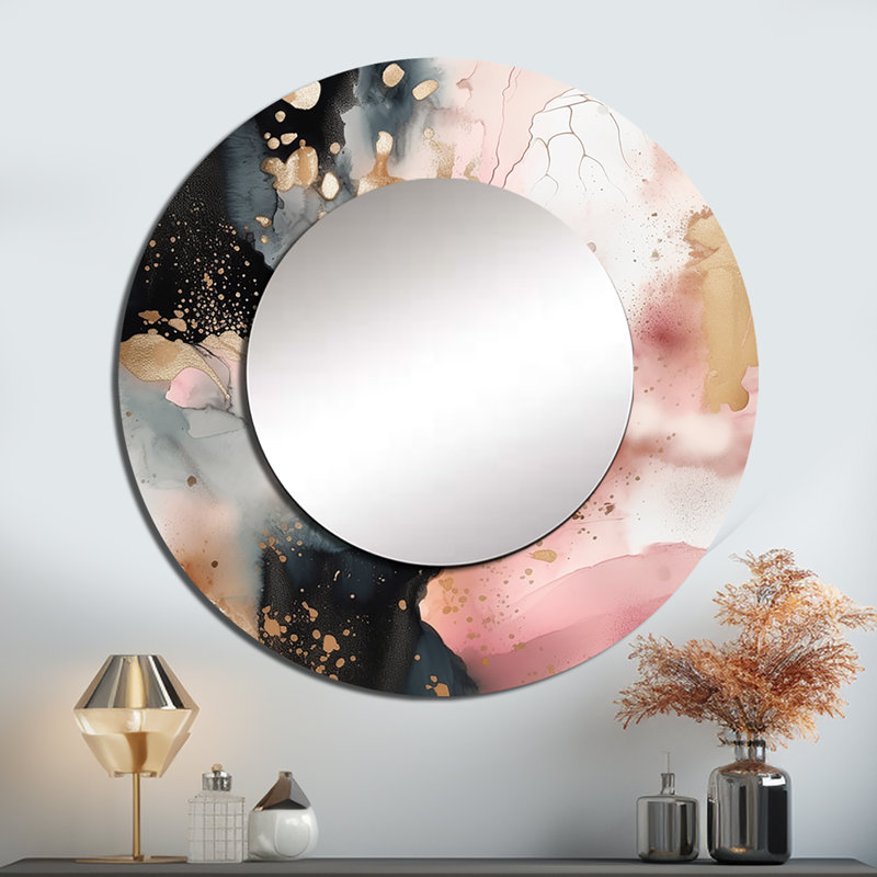 Quintay Pink Gold Marble Texture II - Marble Large Wall Mirror, Pink Round Unique Mirror, Printed Metal Art, 29" x 29"