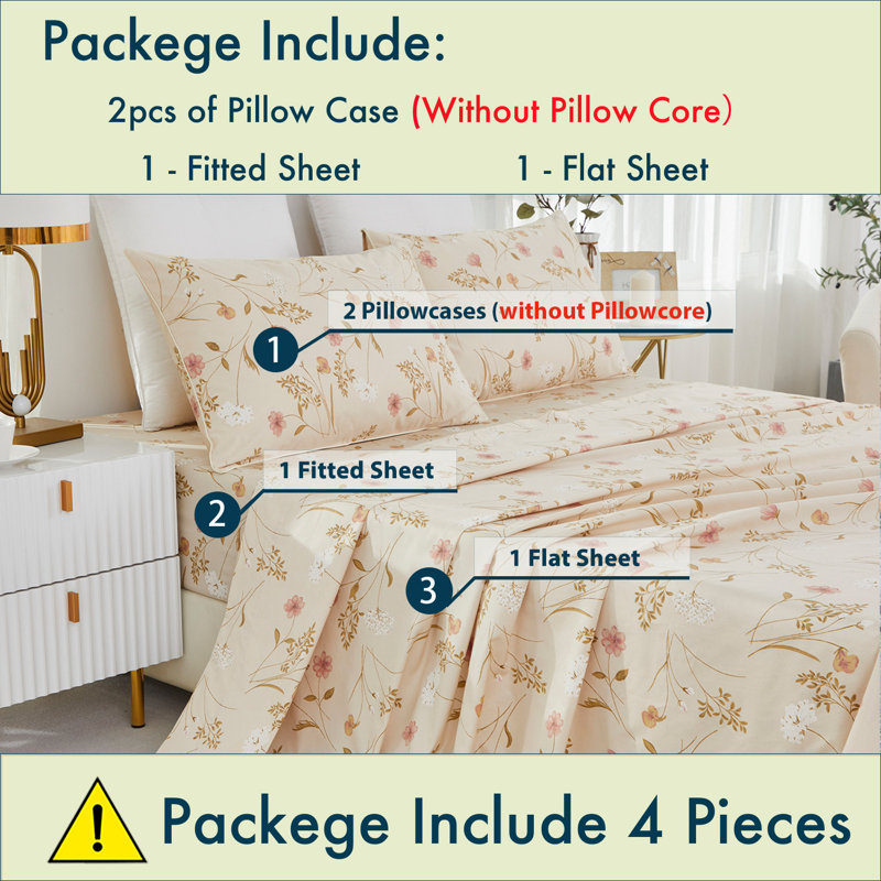 100% Egyptian Cotton Fitted Sheet Set,4pcs Luxury Elegant Floral Shabby Chic Bedding Set, For Bedroom Guest Room Student Dorm All Seasons
