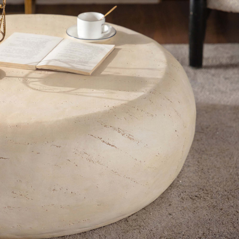 Round MgO Coffee Table with Faux Stone Design – Beige (No Assembly Required)