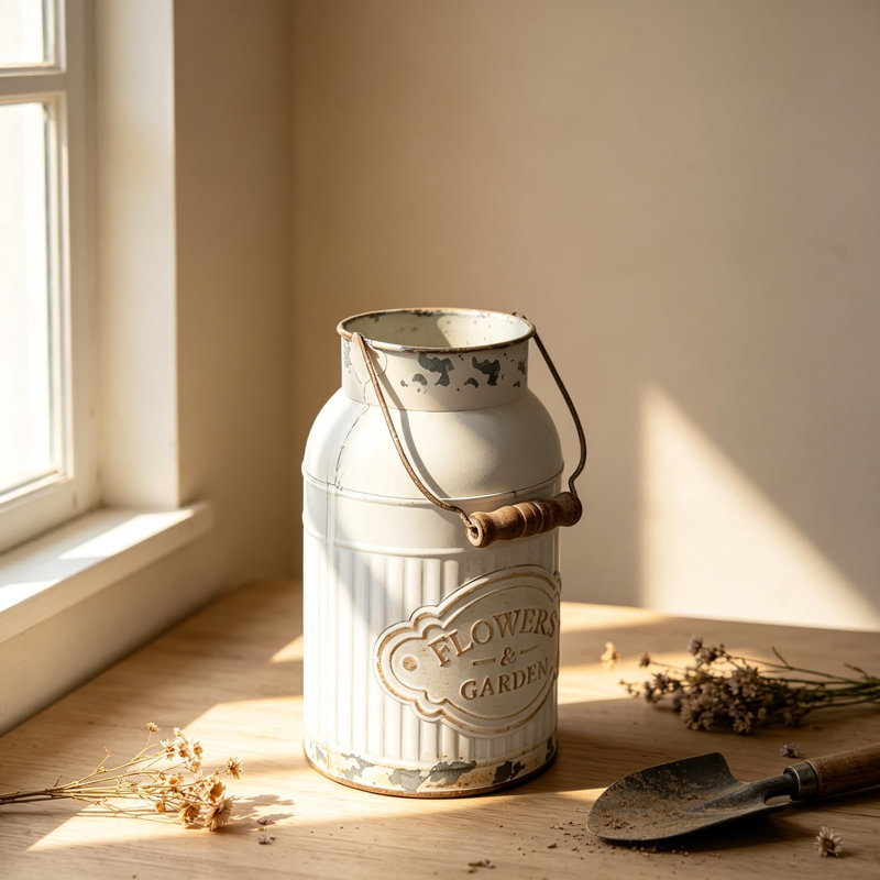 Vase à lait en métal blanc avec poignée, pichet de ferme pour fleurs artificielles ou séchées