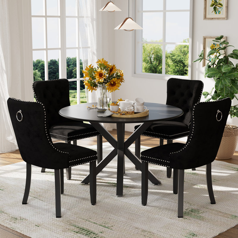 Ensemble de table et chaises de cuisine rondes pour 4, Noir, noir, noir, noir, Noir / Noir