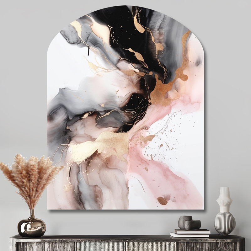 Pink Black Textured Splash Marble I - Arch Abstract Marble Metal Wall Decor, Asymmetrical Metal Wall Sculpture Print