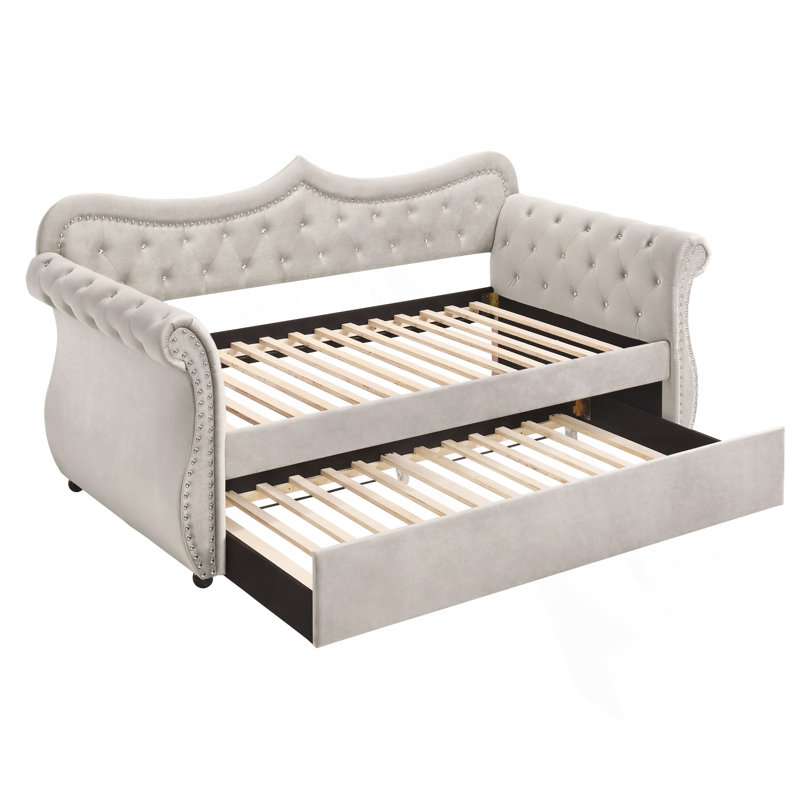 Beige Upholstered Twin Daybed with Trundle, Beige Velvet 