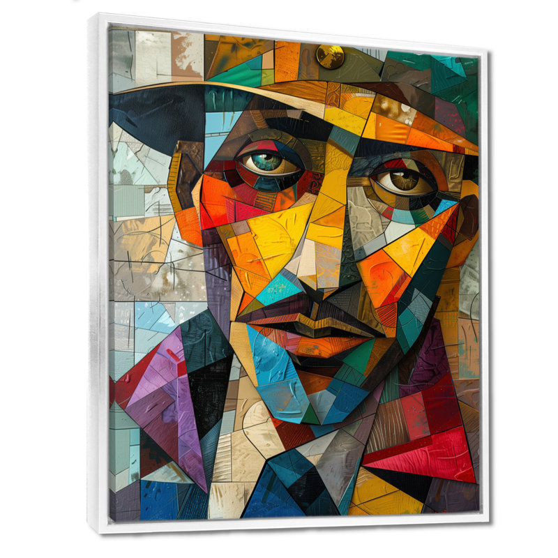 «Blue Yellow Geometric Fragmented Portrait», reproduction d'art cubique abstraite, H 34 po x l 44 po, Cadre flottant blanc