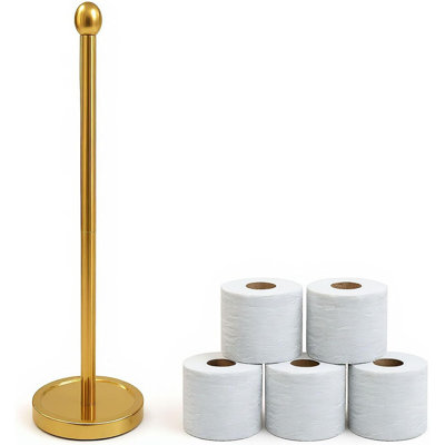 Free-Standing Stainless Steel Toilet Paper Holder – Gold, Holds 5 Rolls