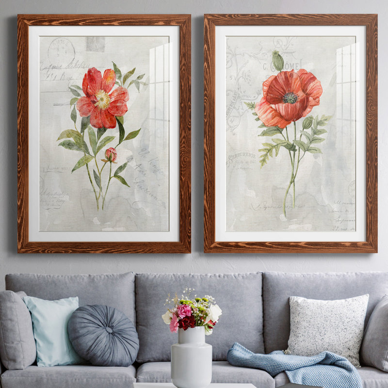 Lin pivoine - ensemble de 2 reproductions d'art, H 44 po x l 31 po x P 1 po, Papier avec cadre érable, Blanc
