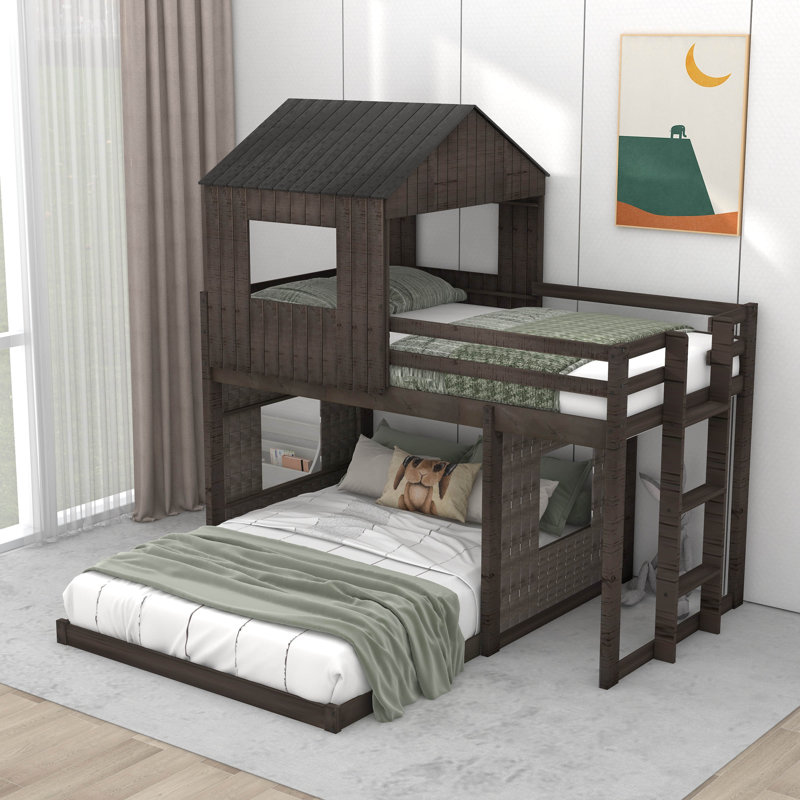  Amberjack Wooden Twin-Over-Full Bunk Bed With Playhouse, Antique Gray