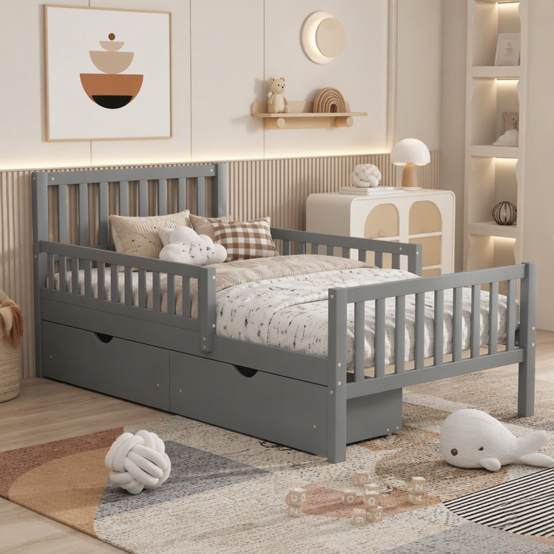 Twin Size Wood Platform Bed with Guardrails on Both Sides and Two Storage Drawers, Grey, Twin