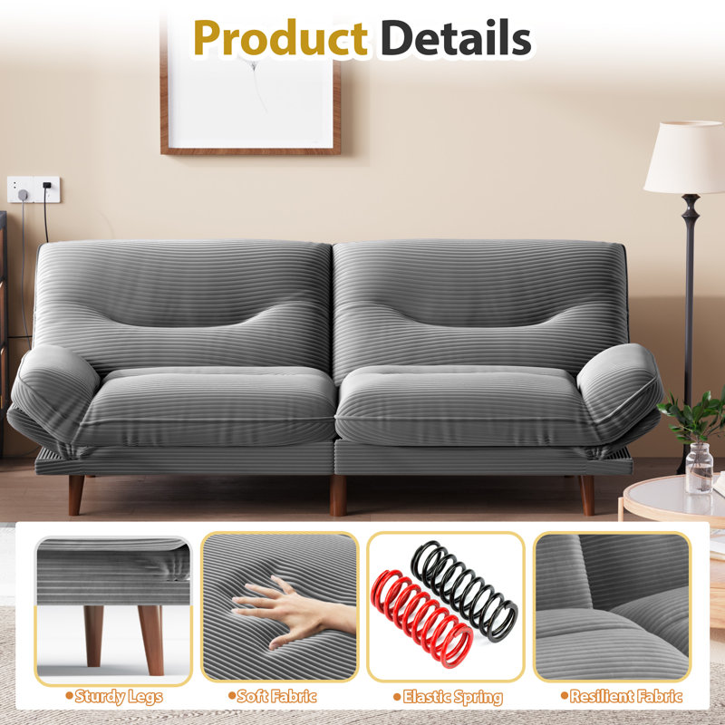 65" FUTON And FUTON Bed, Gray Corduroy