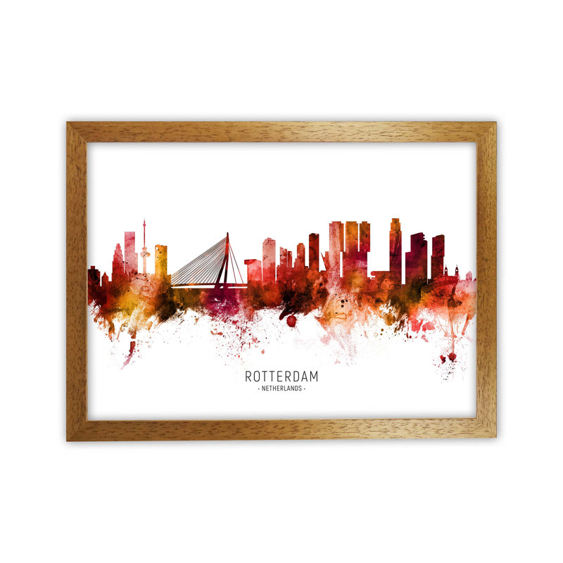 Rotterdam Netherlands Skyline Red City Name by Michael Tompsett - Print, 34cm H x 46cm W x 3cm D, Oak Framed