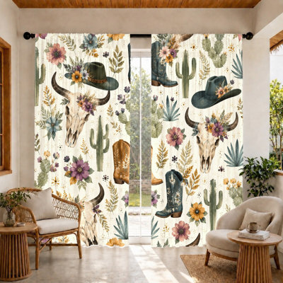 2Pcs Western Cowboy Skull Boots Hats Cactus Floral Print Curtains, Light Filtering Fabric, Vintage Southwestern Style, Privacy Protection, Rod Pocket Design, Suitable for Living Room, Bedroom, Balcony, Kitchen Home Decoration