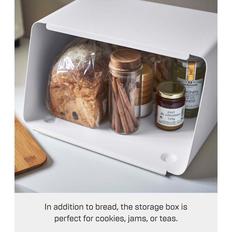 White Steel Bread Box with Bamboo Cutting Board Lid