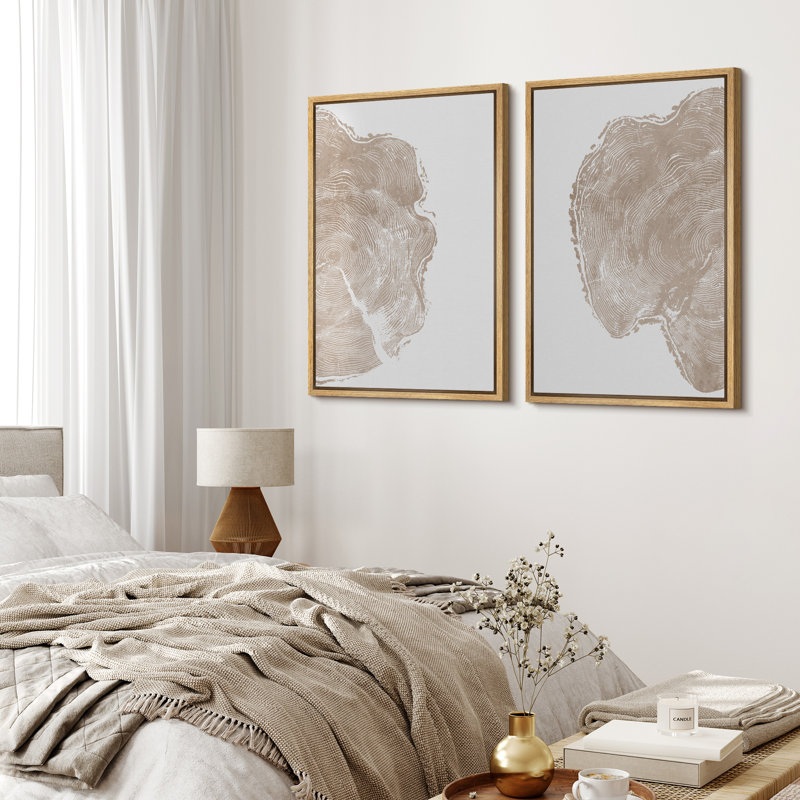 Pastel Tan Unique Wood Tree Ring Neutral Modern Organic Framed Canvas 2 Pieces Print Wall Art Decor, 36" H x 48" W