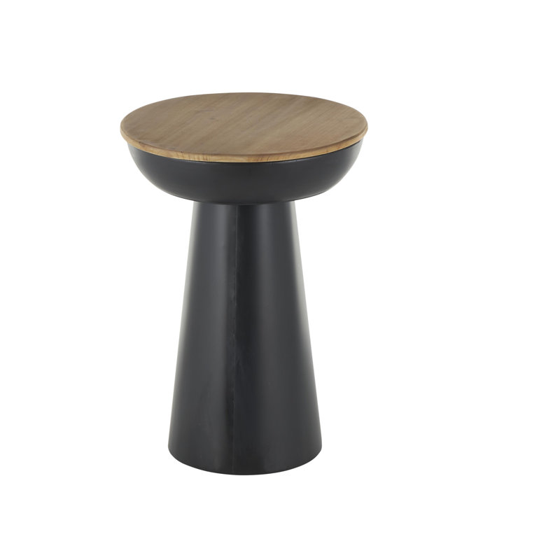 Claudine Metal Handmade Pedestal Side End Black Accent Table with Brown Wood Tabletop