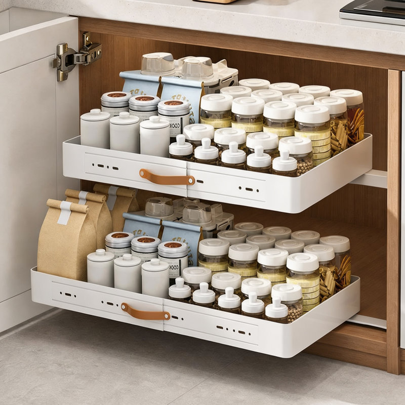 Expandable Slide-Out Kitchen Cabinet Organizer Rack – Adjustable White Drawer with Adhesive – No-Drill Installation, Space-Saving Storage – Fits Shelves 51-75cm Wide