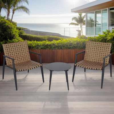 Ensemble de conversation moderne pour l'extérieur: 2 chaises en rotin PE + table d'appoint en acier et en verre trempé