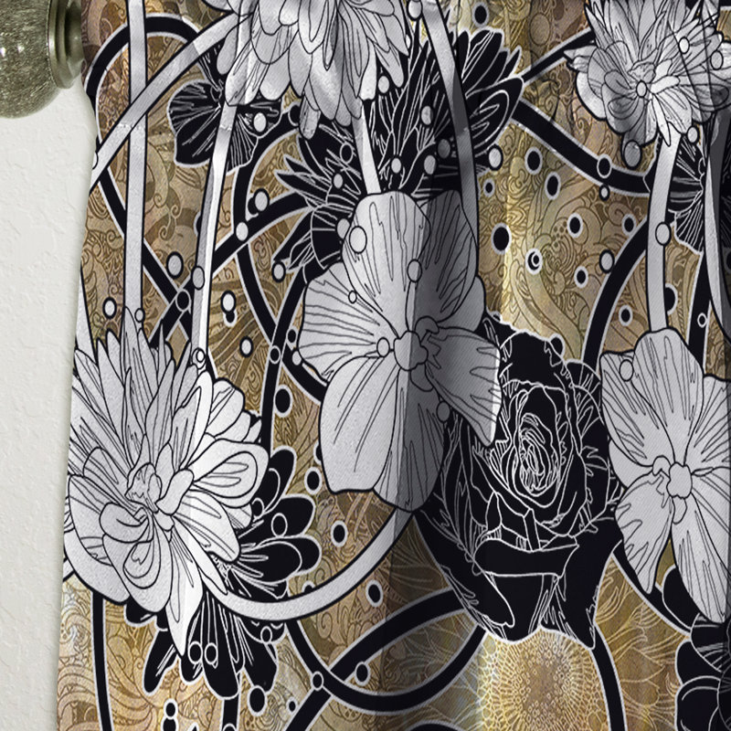 Panneau de rideau simple occultant avec fleurs blanches et roses noires sur fond blanc, L 52 po x L 90 po