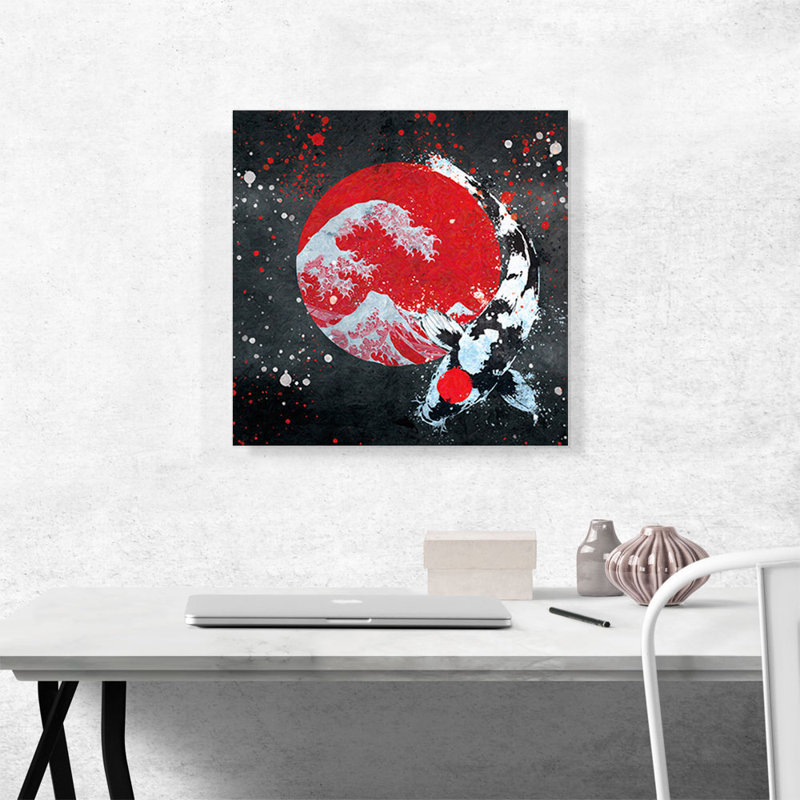 Ying Yang Koi, carpe, poisson, drapeau japonais, Kohaku, impression sur toile tendue, H 18 po x l 18 po x 1,5 po