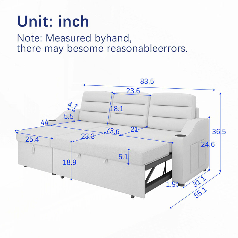 85.8" Sleeper Sofa with Pull Out Bed with Charging Port,Storage Space, Black