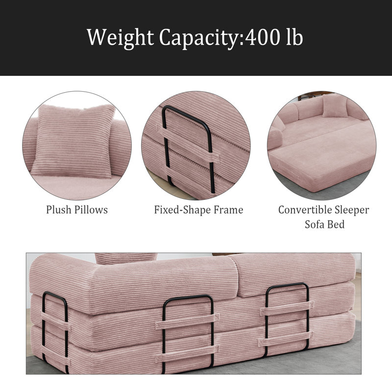 Canapé-lit convertible avec coussin cylindrique - Coussin pliant en velours côtelé avec cadre de forme fixe pour le salon, la chambre à coucher, le salon