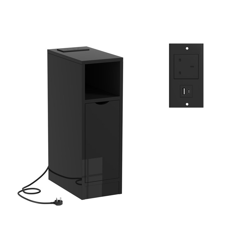 20 cm W Bedside Table, Black High Gloss Door