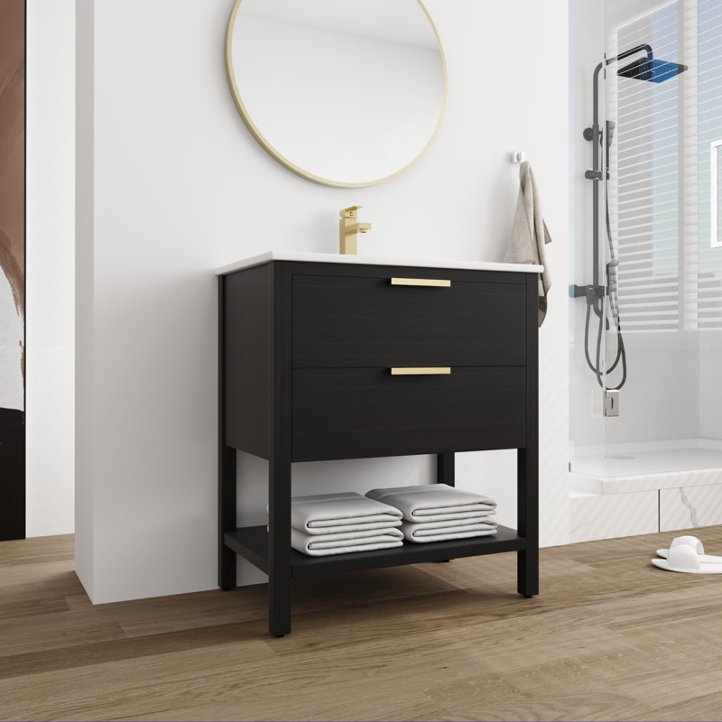 Meuble-lavabo simple 30,34 po avec comptoir en céramique Takirah, Noir, Or