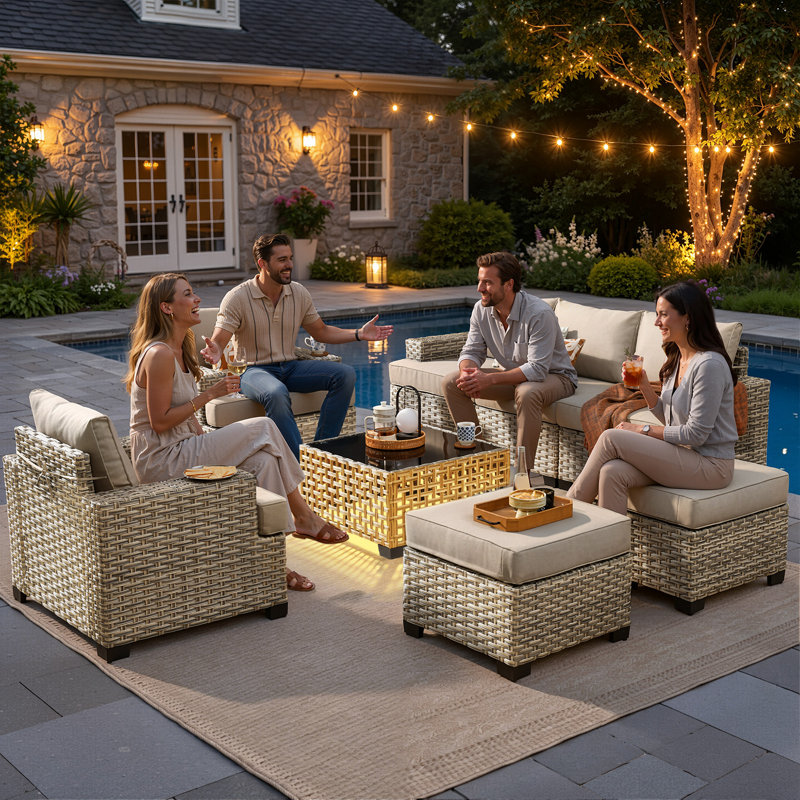 8 Pieces Modular Wicker Rattan Patio Furniture Set With Cushions, Beige