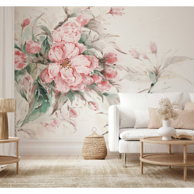 Papier peint floral aquarelle pivoine rose crème