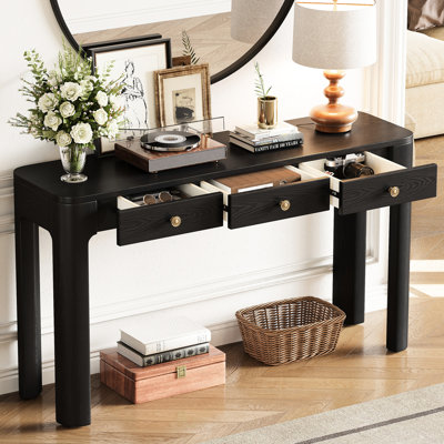 Console avec 3 tiroirs de différentes capacités, coins arrondis, finition noire, pour les styles de décoration de salon et de couloir, tiroirs arrondis rustiques, ton, idéal