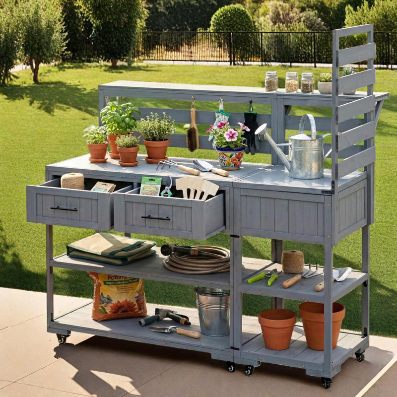 Îlot de cuisine pour patio avec comptoir en acier inoxydable, banc de rempotage, tiroirs, tablette surélevée, table de préparation pour barbecue