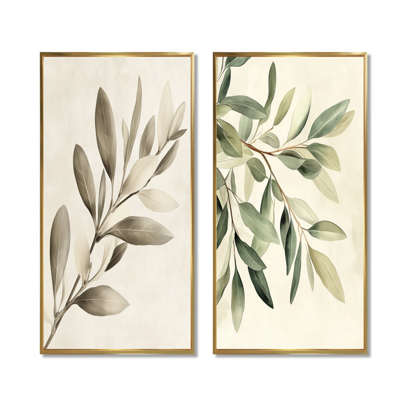 Branche d'olivier d'eucalyptus doux III - Deux impressions encadrées d'eucalyptus, 32" H x 32" W, Gold Floater Framed