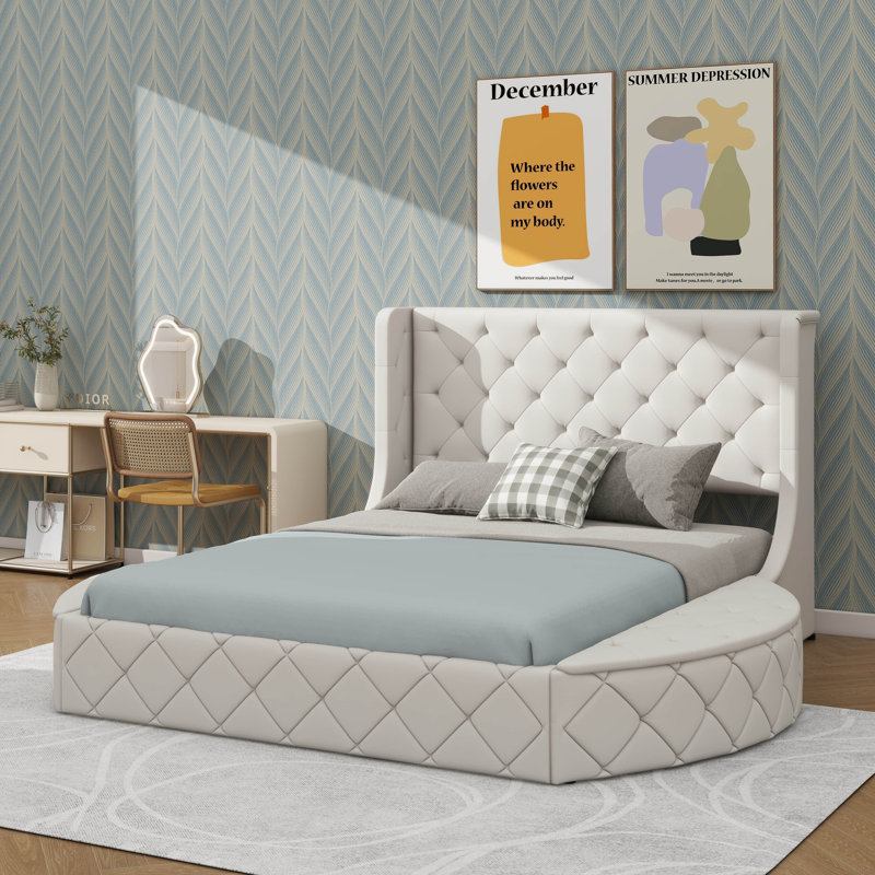 Lit plateforme tapissier à 3 tiroirs avec tête de lit à oreilles et banc latéral Jakayle, Beige