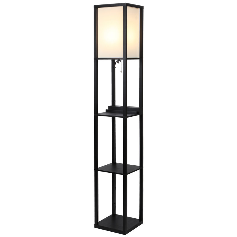 Maxwell 63 in. USB and Wireless Charging LED Floor Lamp with White Fabric Square Shade