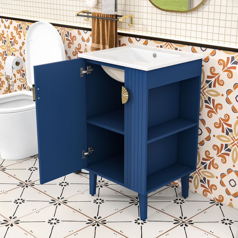 Meuble-lavabo autoportant avec lavabo en céramique, armoire de rangement et tablettes ouvertes, Bleu