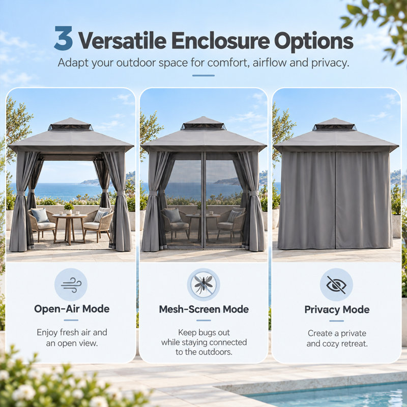 8 x 8 Ft Soft Top Patio Gazebo with 2-Tier Roof, Mosquito Netting and Privacy Curtains, Galvanized Steel Outdoor Canopy for Backyard Deck and Garden