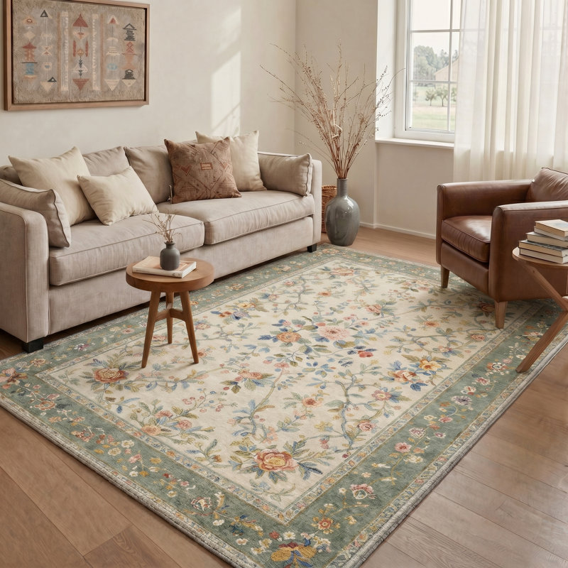 Verdante Vintage Machine Washable Green / Beige Indoor Area Rug with Non-Slip Backing, Round 5'