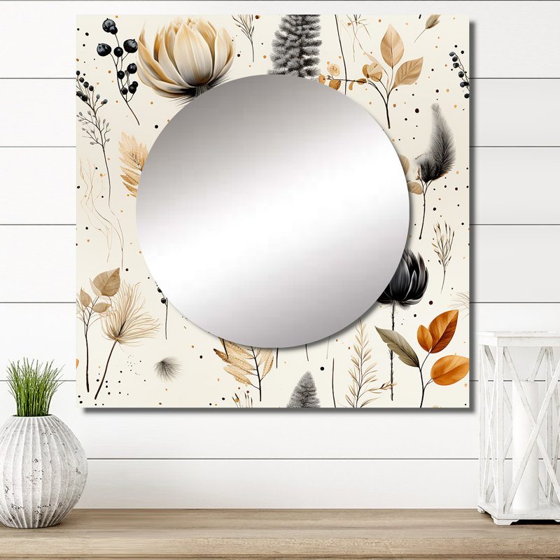 Fleurs géométriques grises et beiges - grand miroir carré bohème et éclectique pour décoration murale, 36 po x 36 po