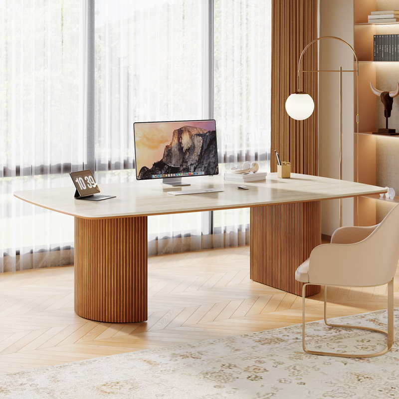 Travertine Slab Computer Desk With Semi-Circular Base In Wax Wood Finish