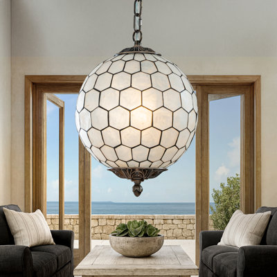  Makbule 1-Light 12'' Antique Brass French Vintage Coastal Glam Chandelier With Natural CAPIZ SHELL Globe Lantern Hanging Light For Living Room Bedroom