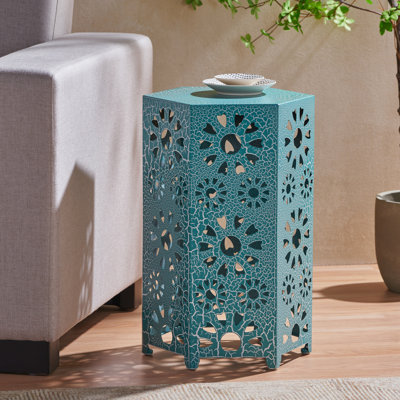 Table d'appoint en fer bleu sarcelle 14 po - Conception légère pour le patio, les boissons et les collations en fer, les boissons découpées et les installations