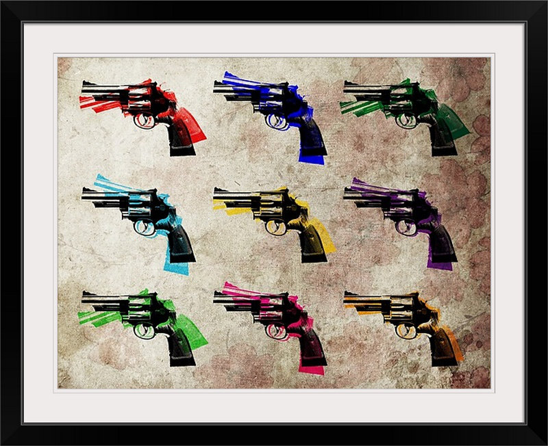«Nine Revolvers» par Michael Tompsett, impression, H 20 po x l 24 po x P 1 po, Cadre noir