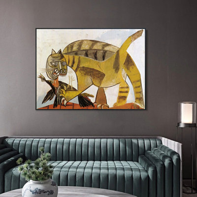 Framed Canvas Giclee Print Art 1939 The cat the bird by Pablo Picasso Wall Art Living Room Home Office Decorations(Wood Colour Slim Frame,18"x24")