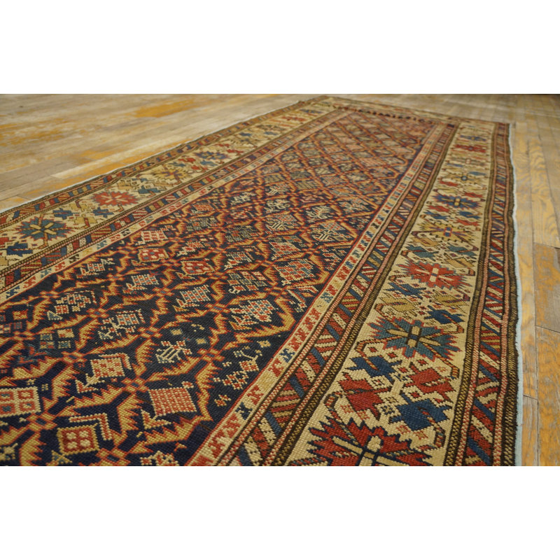 Rustic Tribal Geometric Antique Blue Caucasian Shirvan Rug