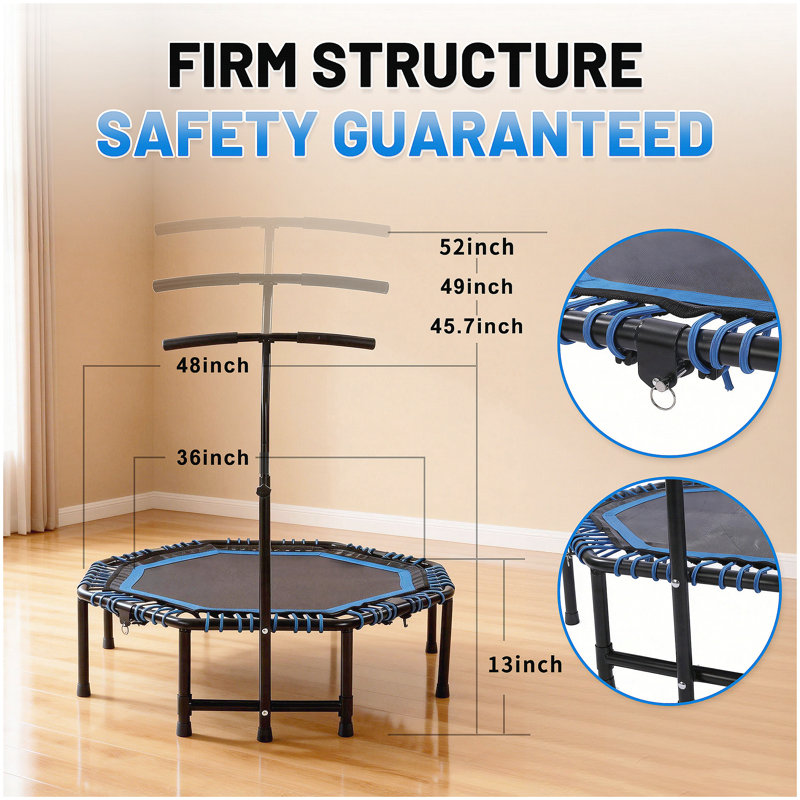 Trampoline de forme physique pliable de 48 pouces avec guidon réglable pour adultes, capacité de charge maximale de 450 lb, avec cordes élastiques durables, stable et silencieux, rebondisseur pour l'entraînement de cardio et de musculation, maison / gymnase, exercice de saut