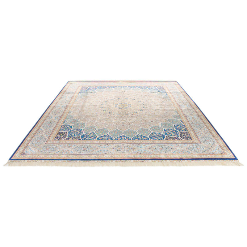 Tapis turc beige et bleu 8 x 10 en soie