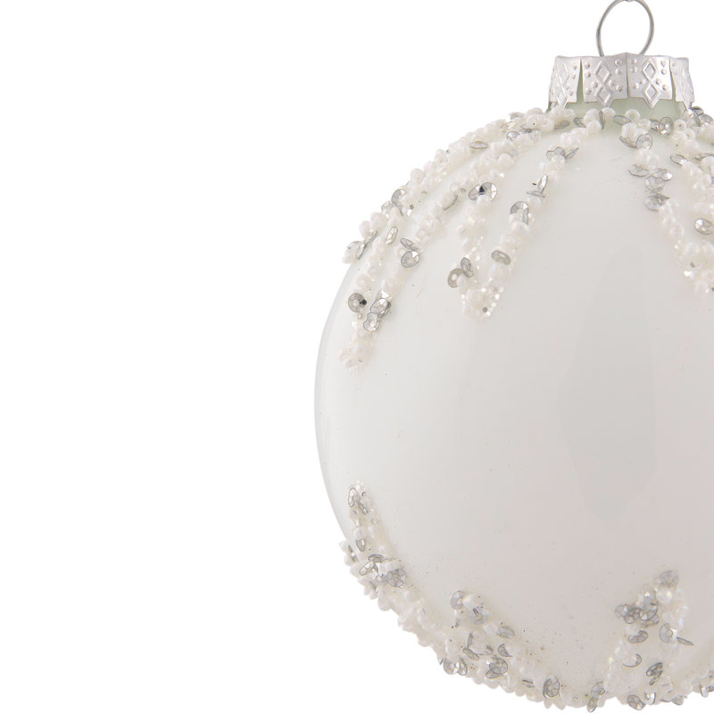 Ornement boule de Noël en verre à paillettes de 4 po blanc et argent