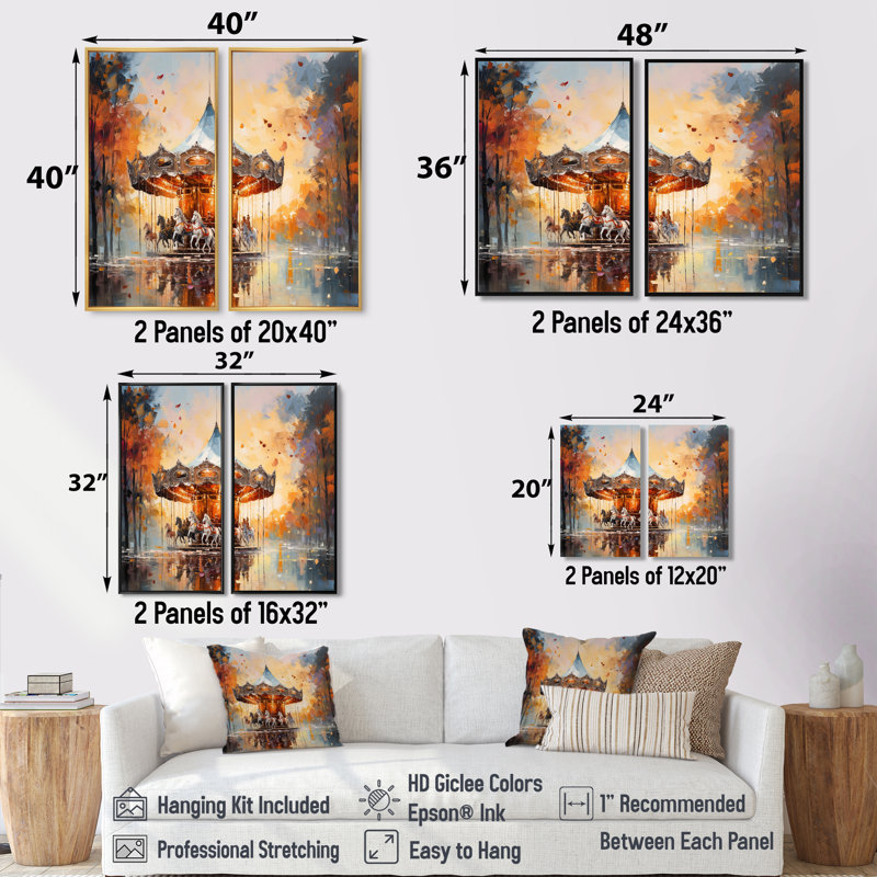 Carousel in Sunset Charm - art mural sur toile beige, H 36 po x l 48 po, Reproduction encadrée sans passe-partout, Noir