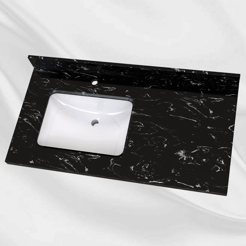 Comptoir de meuble-lavabo en pierre reconstituée de 42 po x 22 po avec lavabo gauche et comptoir de 4 po pour salle de bain en marbre noir